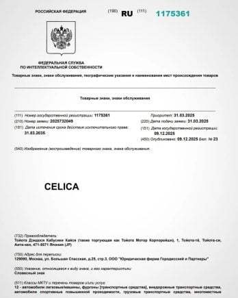 novas patentes registradas pela Toyota na Russia