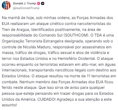 Publicação de Trump na rede social "truthsocial" sobre o ocorrido