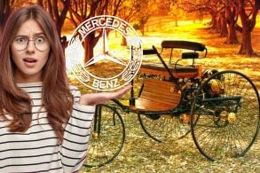 primeiro carro da Mercedes-Benz , mulher branca com duvida sobre algo, Logo da Mercedes-Benz