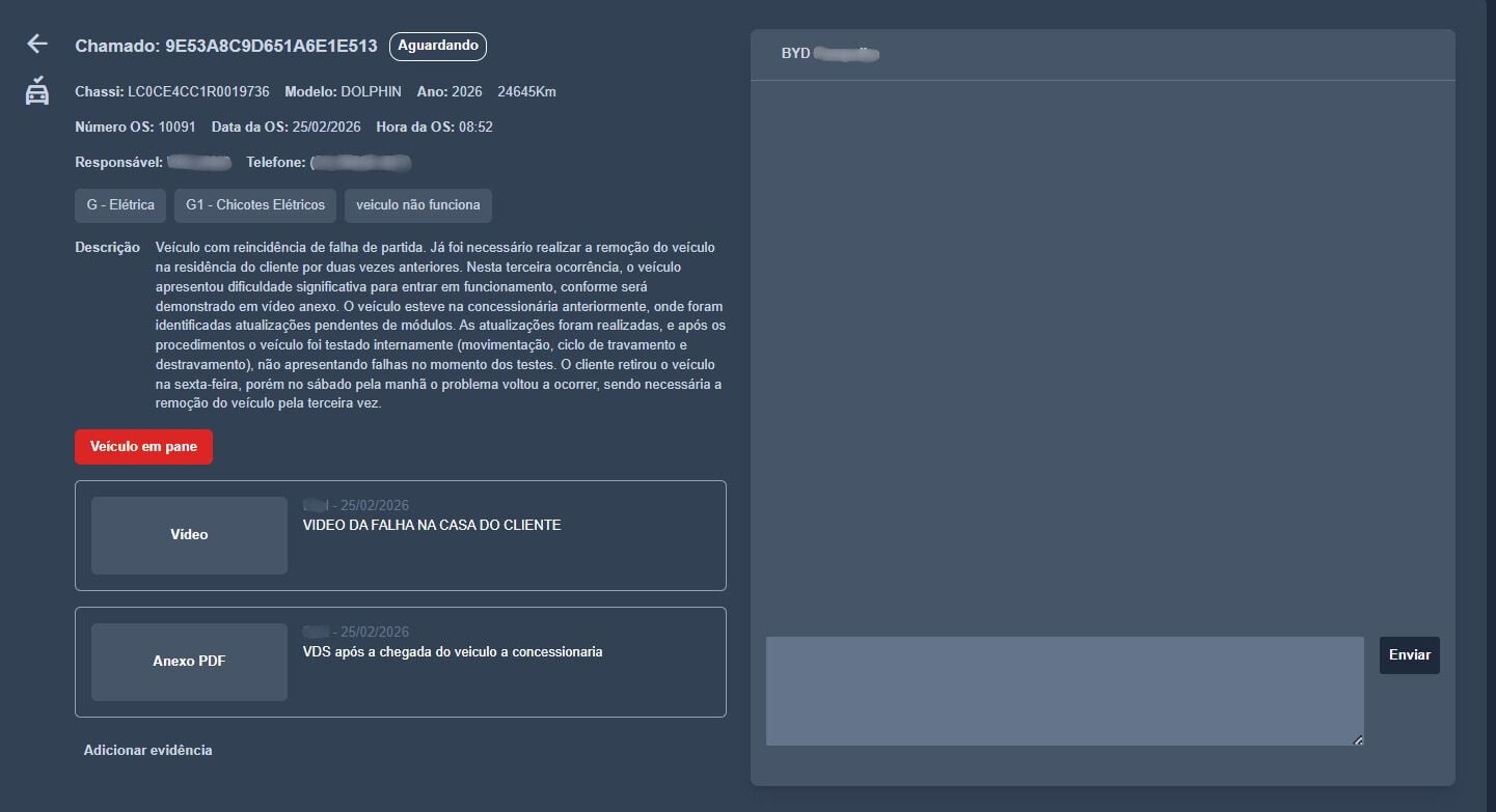 Chamado manutenção BYD Dolphin pane geral Sebastião Adilson Malheiros