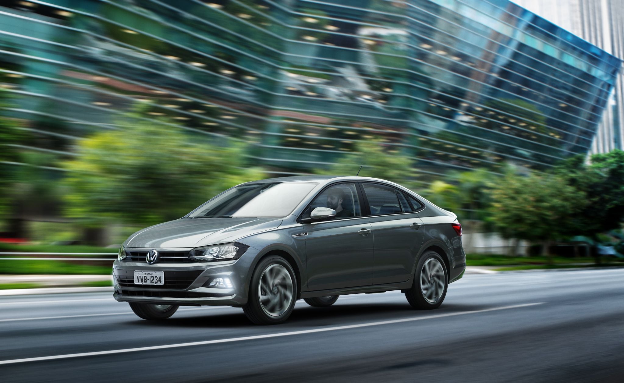volkswagen virtus tsi highline Cinza frente em movimento