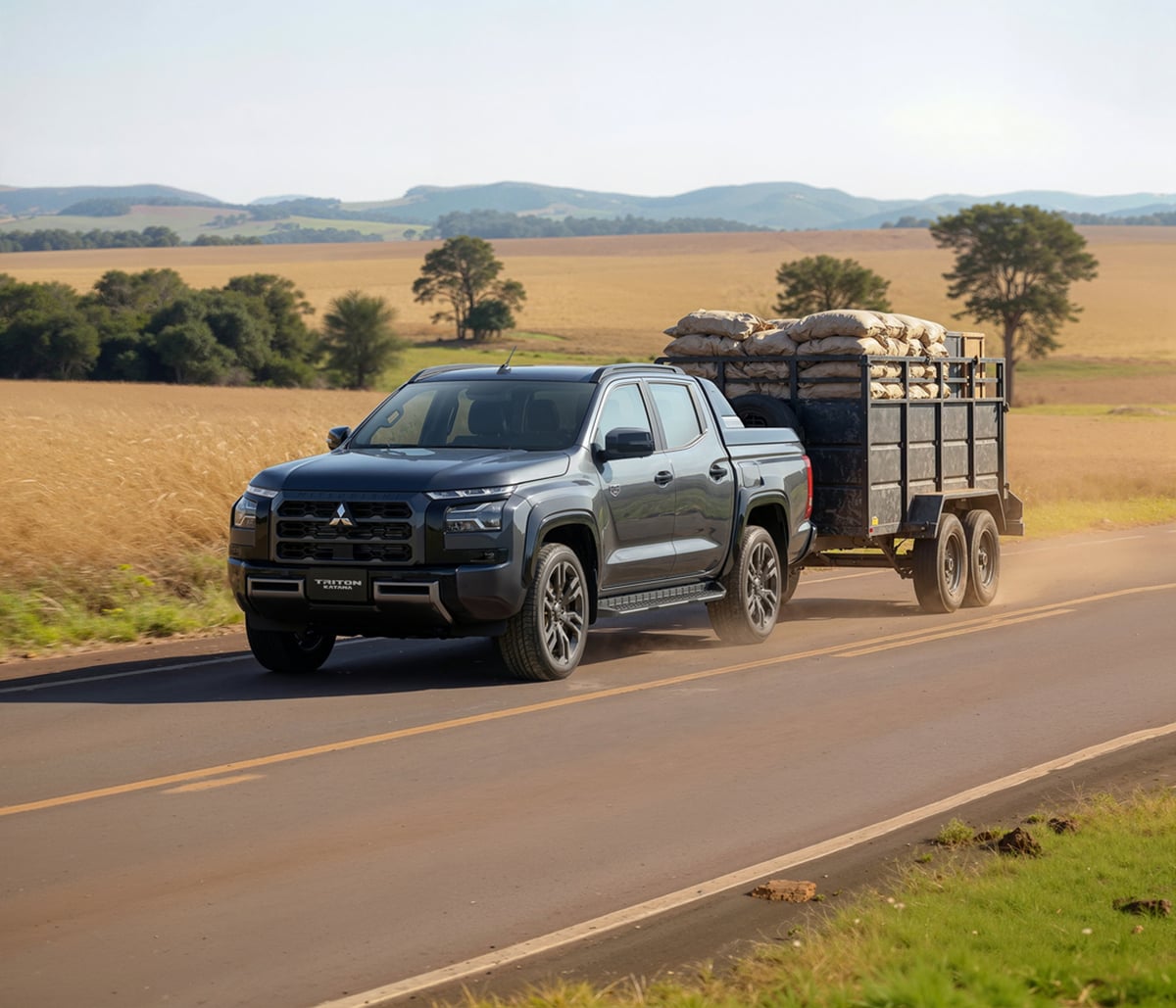 Mitsubishi Triton Katana 2027 cinza frente rebocando