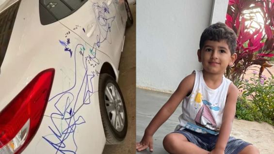 Menino de 2 anos risca carro da família com caneta permanente em Alagoas