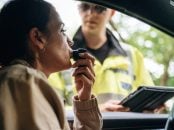 Woman,In,A,Beige,Jacket,Tests,Breath,Alcohol,Level,With