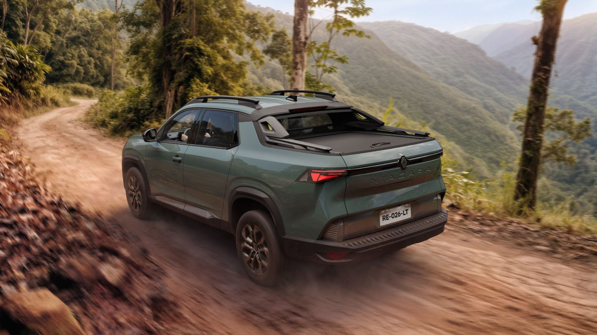 Renault Niagara Outsider 2027 verde traseira em movimento estrada de terra